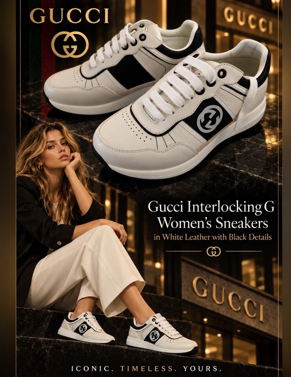 New 🔥! Gucci Interlocking G White & Black Women’s Leather Sneakers
